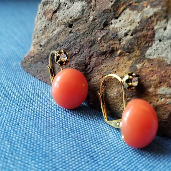 Orange-ish Resin and Rhinestone Leverback Earrings - NWOT - Picture 2 of 9